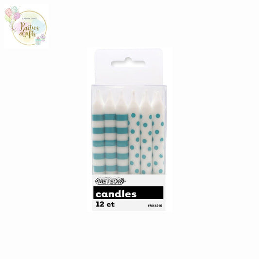 CARIBBEAN TEAL DOTS & STRIPES CANDLES - PACK OF 12