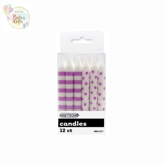 PRETTY PURPLE DOTS & STRIPES CANDLES - PACK OF 12