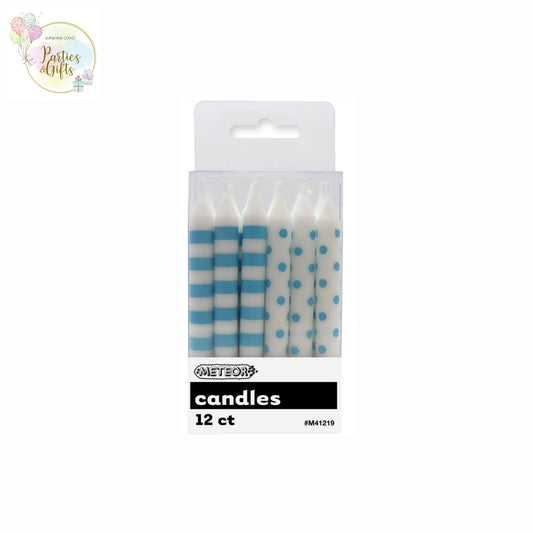 POWDER BLUE DOTS & STRIPES CANDLES - PACK OF 12