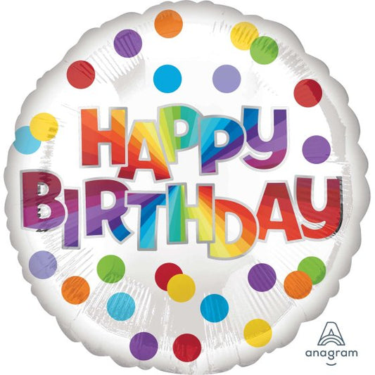 WHITE HAPPY BIRTHDAY DOTS OF COLOUR FOIL BALLOON - 43CM