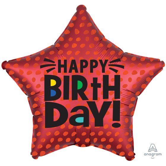 RED HAPPY BIRTHDAY SATIN INFUSED STAR FOIL BALLOON - 48CM