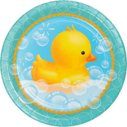 BABY SHOWER BUBBLE BATH DUCK ROUND PAPER PLATES 22.2CM - PACK OF 8