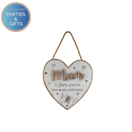 HANGING HEART SHAPED MDF PLAQUE MUM & BUTTERFLY - 15CM