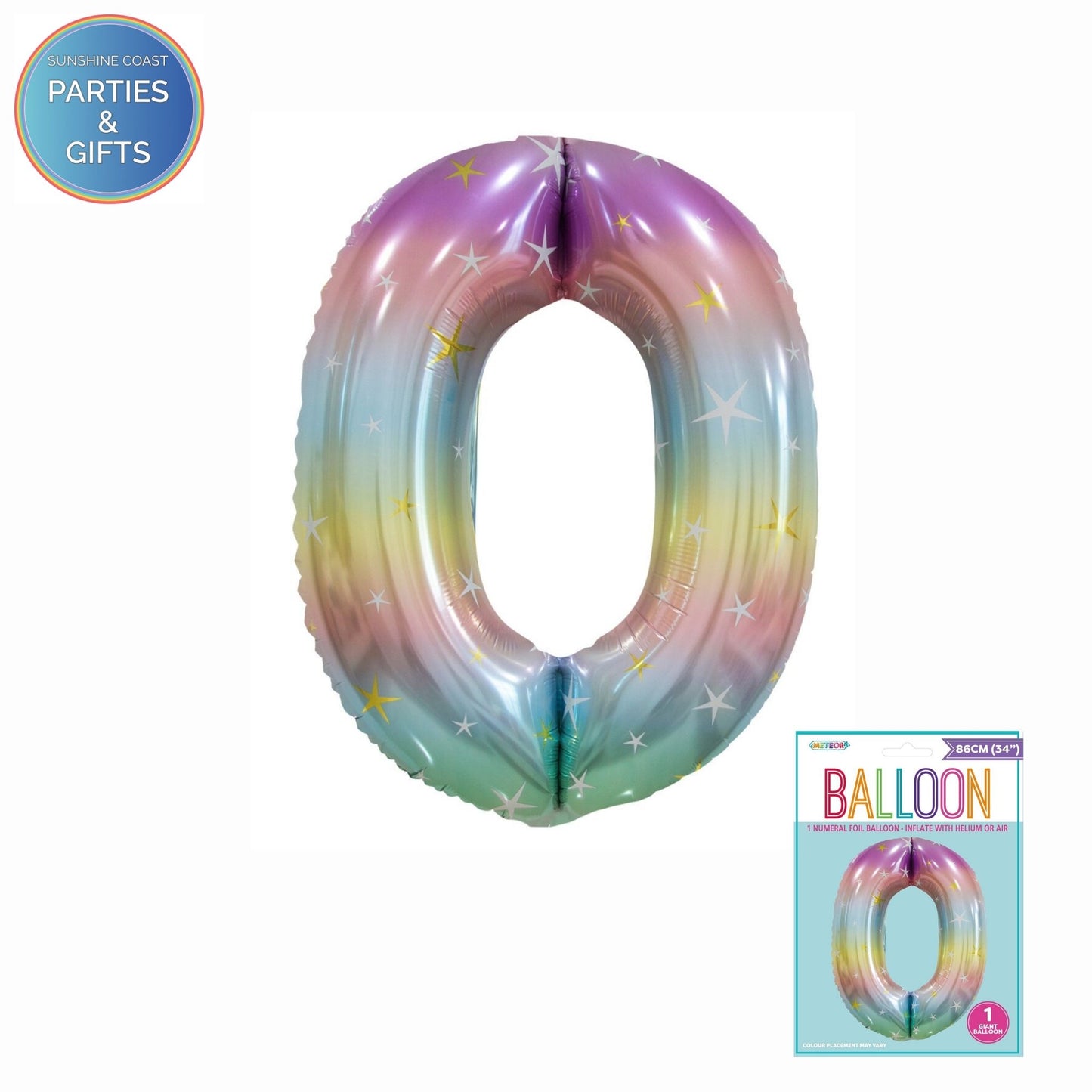 GIANT FOIL BALLOON - PASTEL RAINBOW NUMBER 0 - 86CM