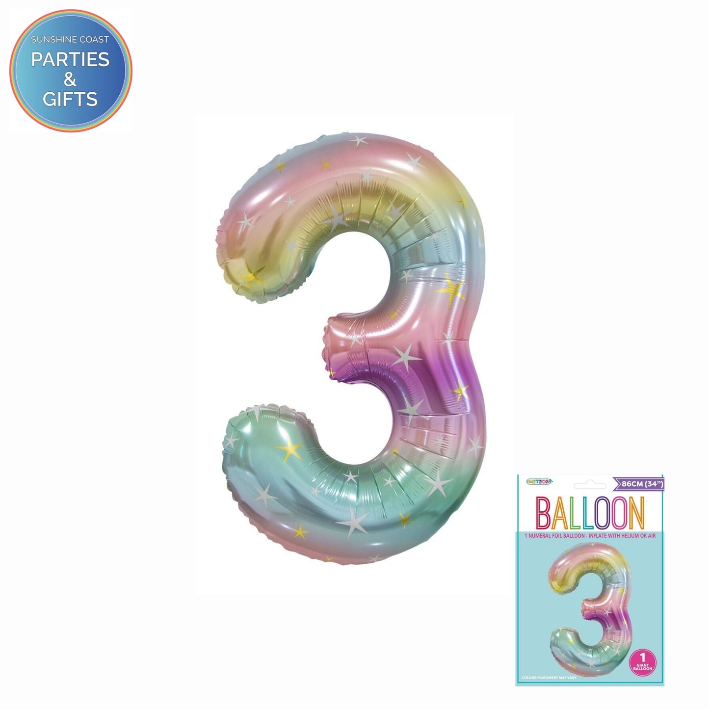 GIANT FOIL BALLOON - PASTEL RAINBOW NUMBER 3 - 86CM