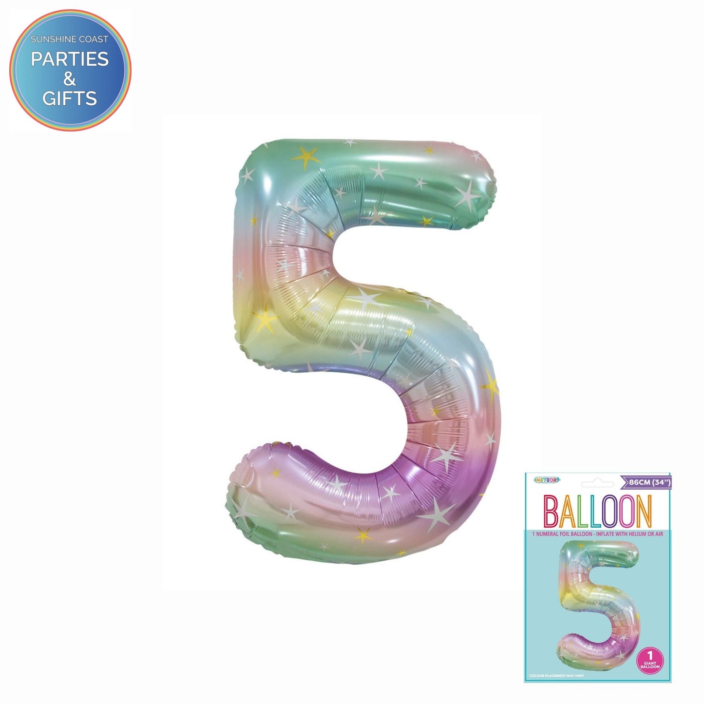 GIANT FOIL BALLOON - PASTEL RAINBOW NUMBER 5 - 86CM