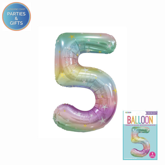 GIANT FOIL BALLOON - PASTEL RAINBOW NUMBER 5 - 86CM