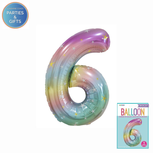 GIANT FOIL BALLOON - PASTEL RAINBOW NUMBER 6 - 86CM