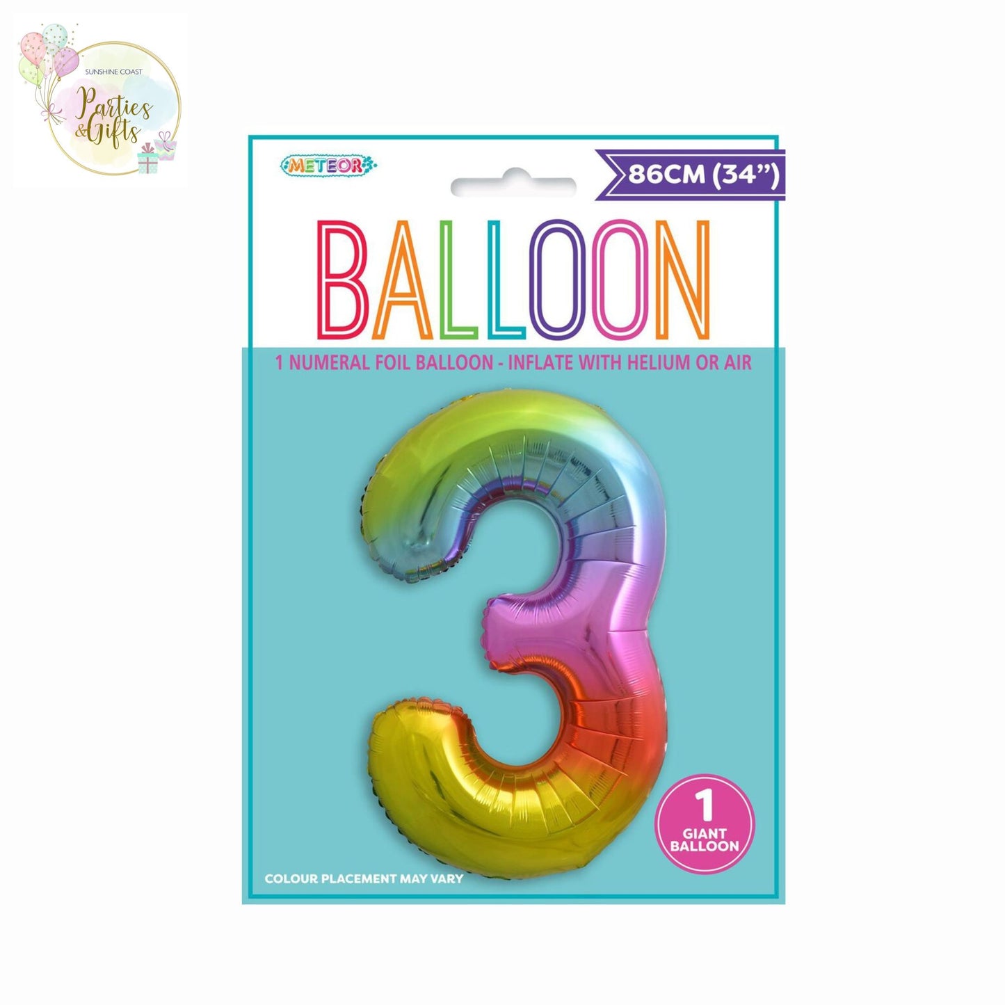 GIANT FOIL BALLOON - RAINBOW NUMBER 3 - 86CM
