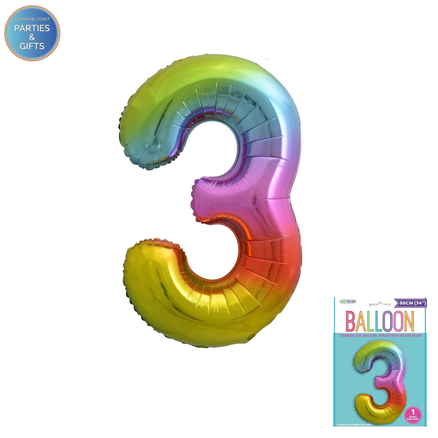 GIANT FOIL BALLOON - RAINBOW NUMBER 3 - 86CM
