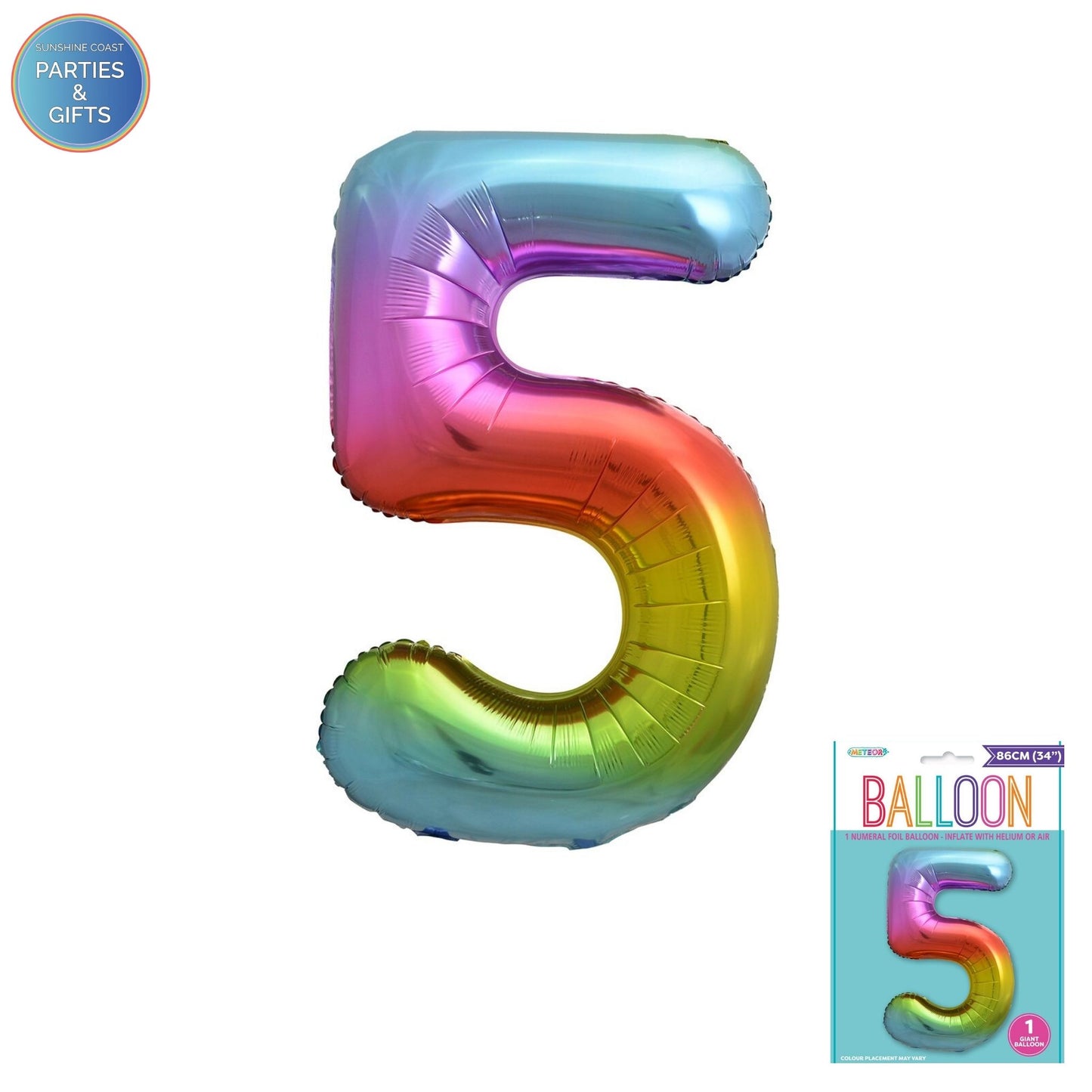 GIANT FOIL BALLOON - RAINBOW NUMBER 5 - 86CM