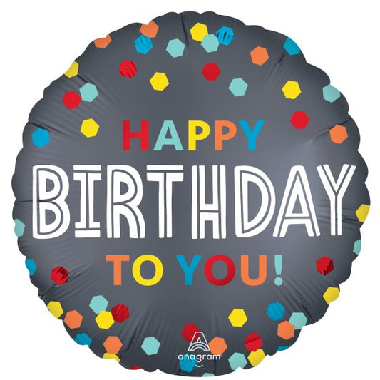 GREY HAPPY BIRTHDAY SATIN CONFETTI BURST FOIL BALLOON - 45CM