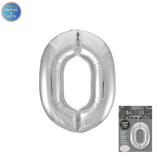 GIANT FOIL BALLOON - SILVER NUMBER 0 - 86CM