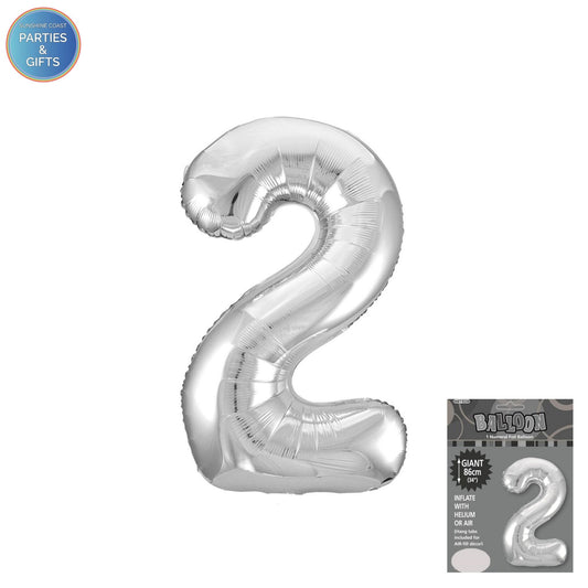 GIANT FOIL BALLOON - SILVER NUMBER 2 - 86CM