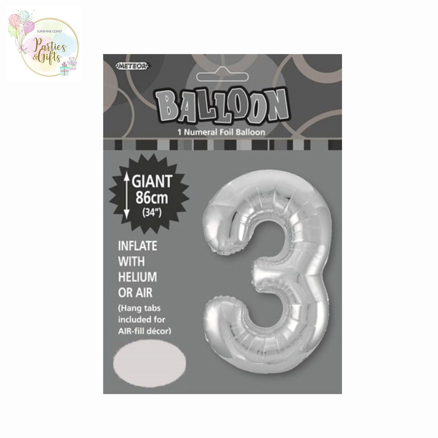 GIANT FOIL BALLOON - SILVER NUMBER 3 - 86CM