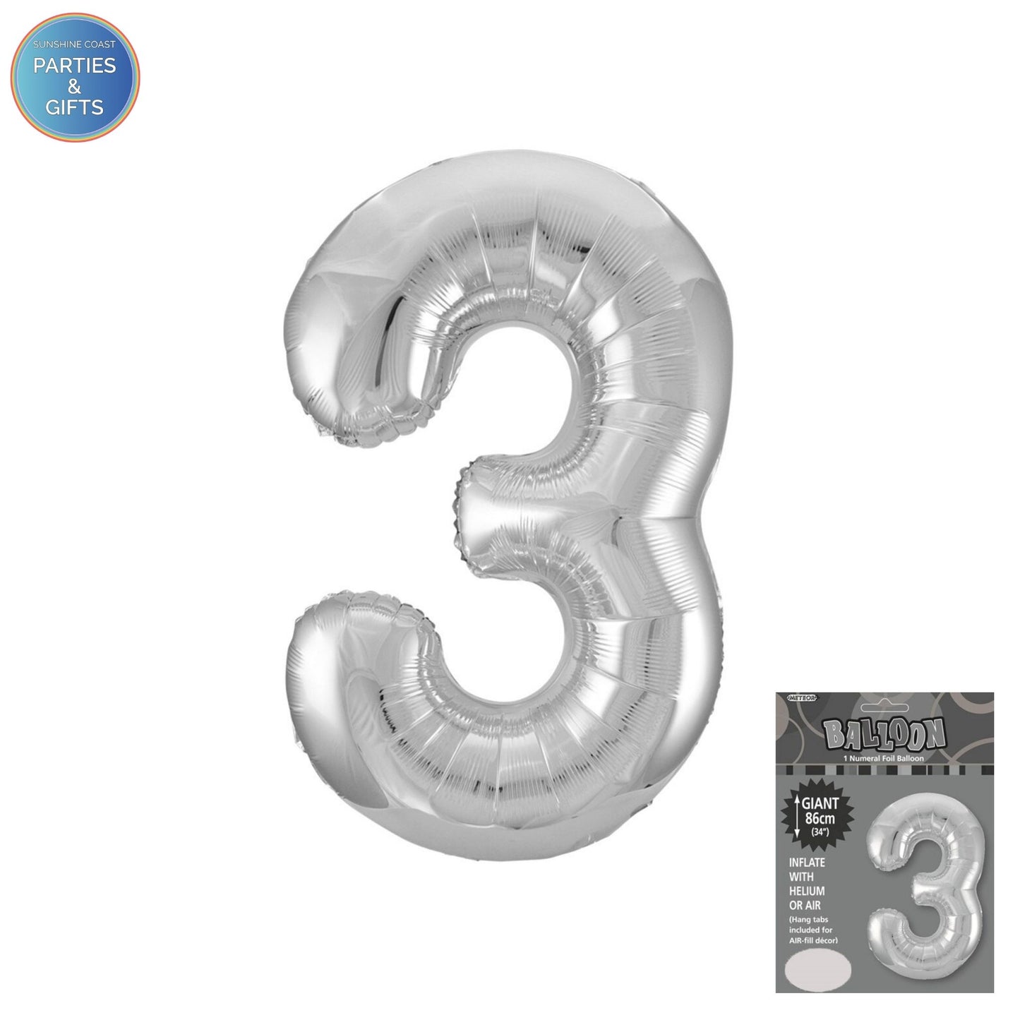 GIANT FOIL BALLOON - SILVER NUMBER 3 - 86CM