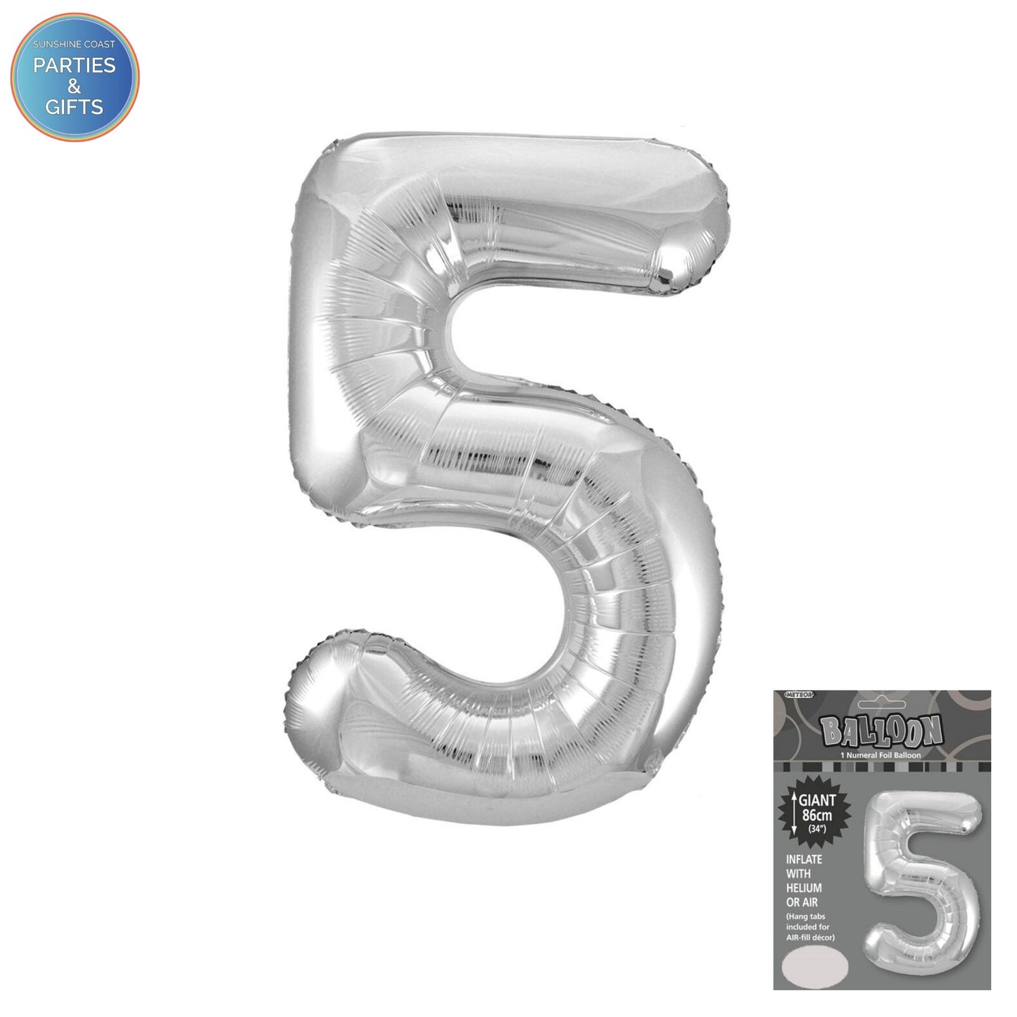 GIANT FOIL BALLOON - SILVER NUMBER 5 - 86CM