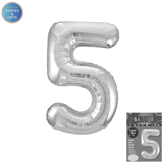 GIANT FOIL BALLOON - SILVER NUMBER 5 - 86CM
