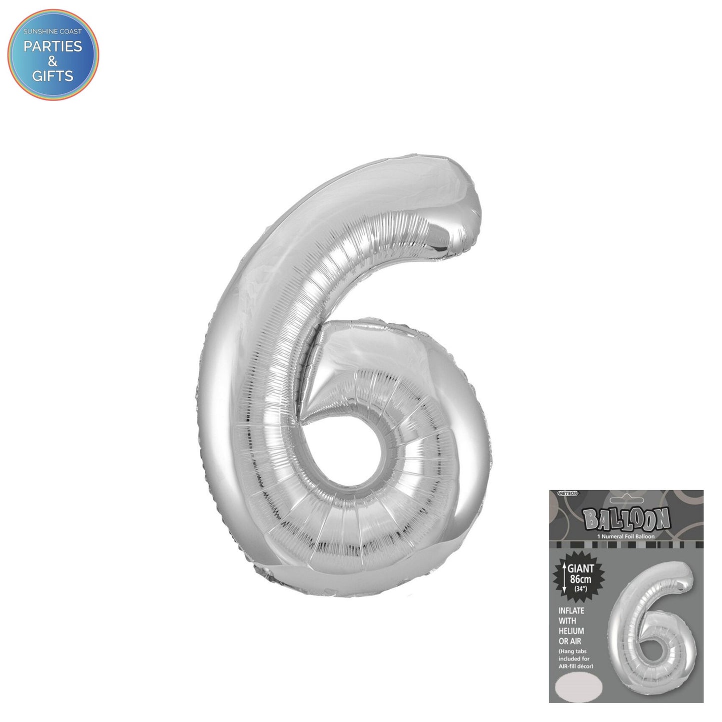 GIANT FOIL BALLOON - SILVER NUMBER 6 - 86CM