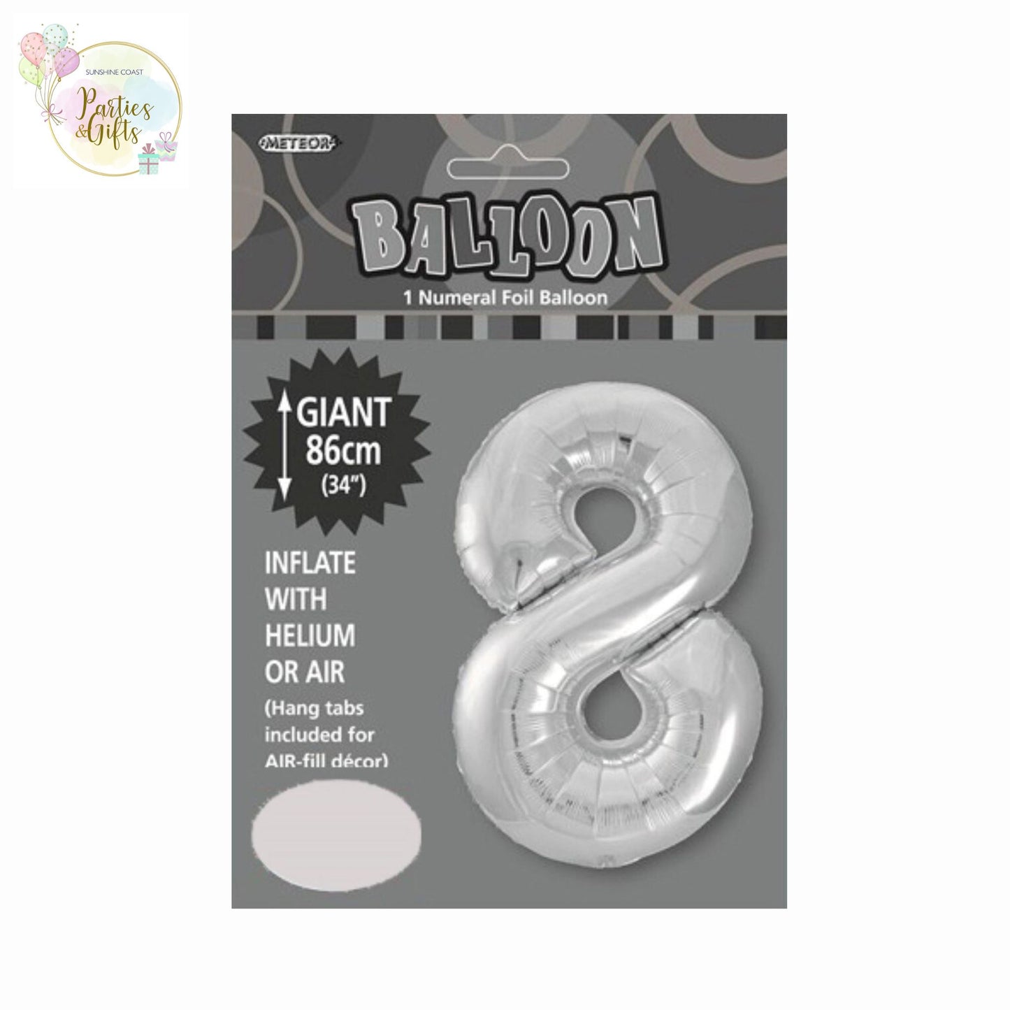 GIANT FOIL BALLOON - SILVER NUMBER 8 - 86CM