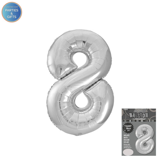 GIANT FOIL BALLOON - SILVER NUMBER 8 - 86CM