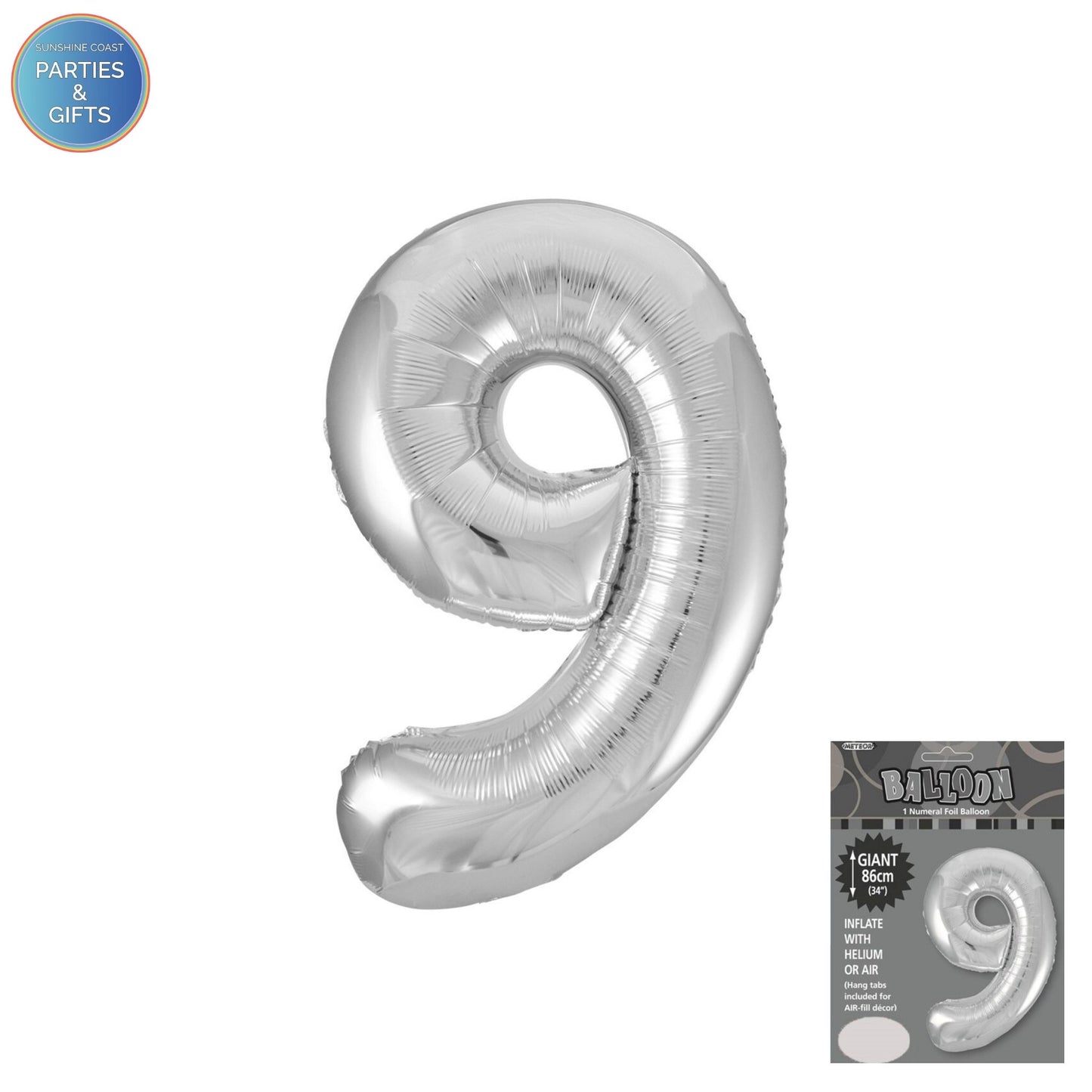 GIANT FOIL BALLOON - SILVER NUMBER 9 - 86CM