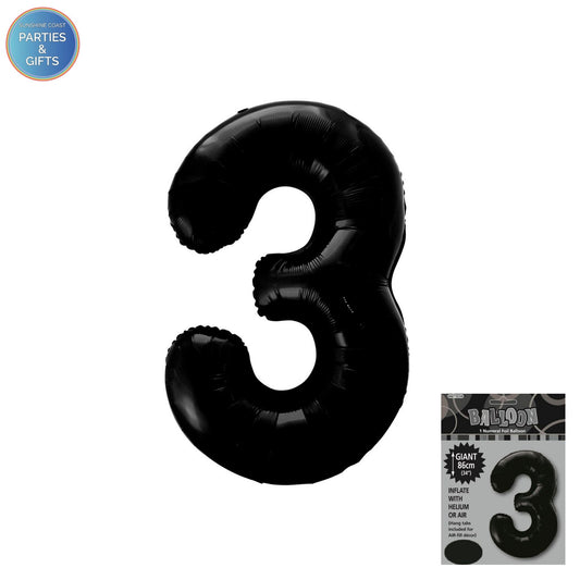 GIANT FOIL BALLOON - BLACK NUMBER 3 - 86CM