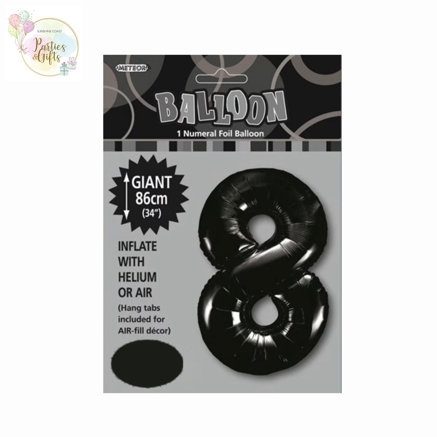 GIANT FOIL BALLOON - BLACK NUMBER 8 - 86CM