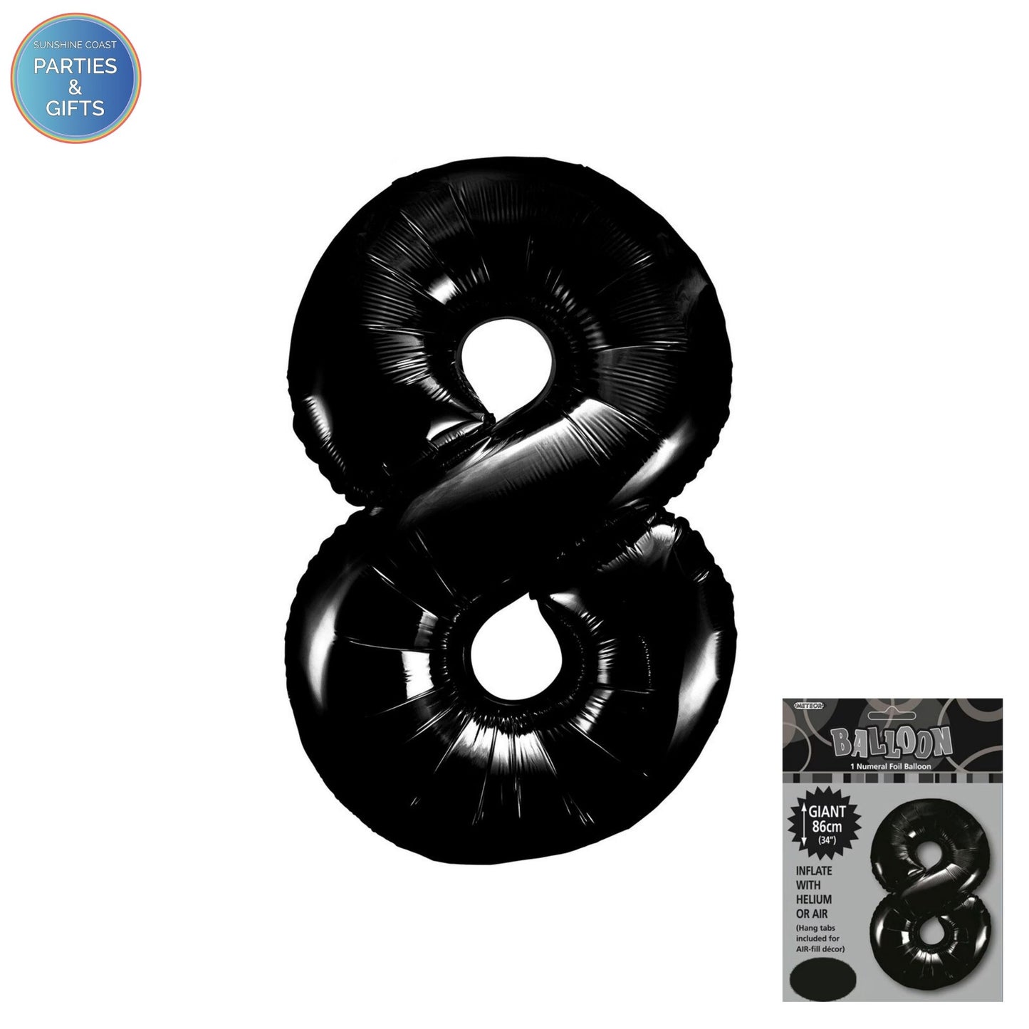 GIANT FOIL BALLOON - BLACK NUMBER 8 - 86CM