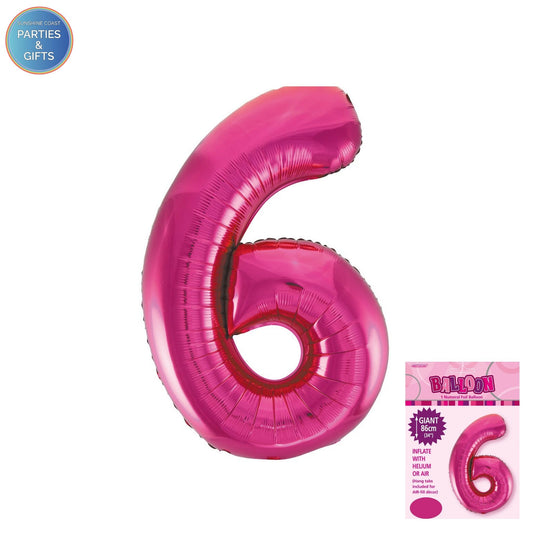 GIANT FOIL BALLOON - HOT PINK NUMBER 6 - 86CM