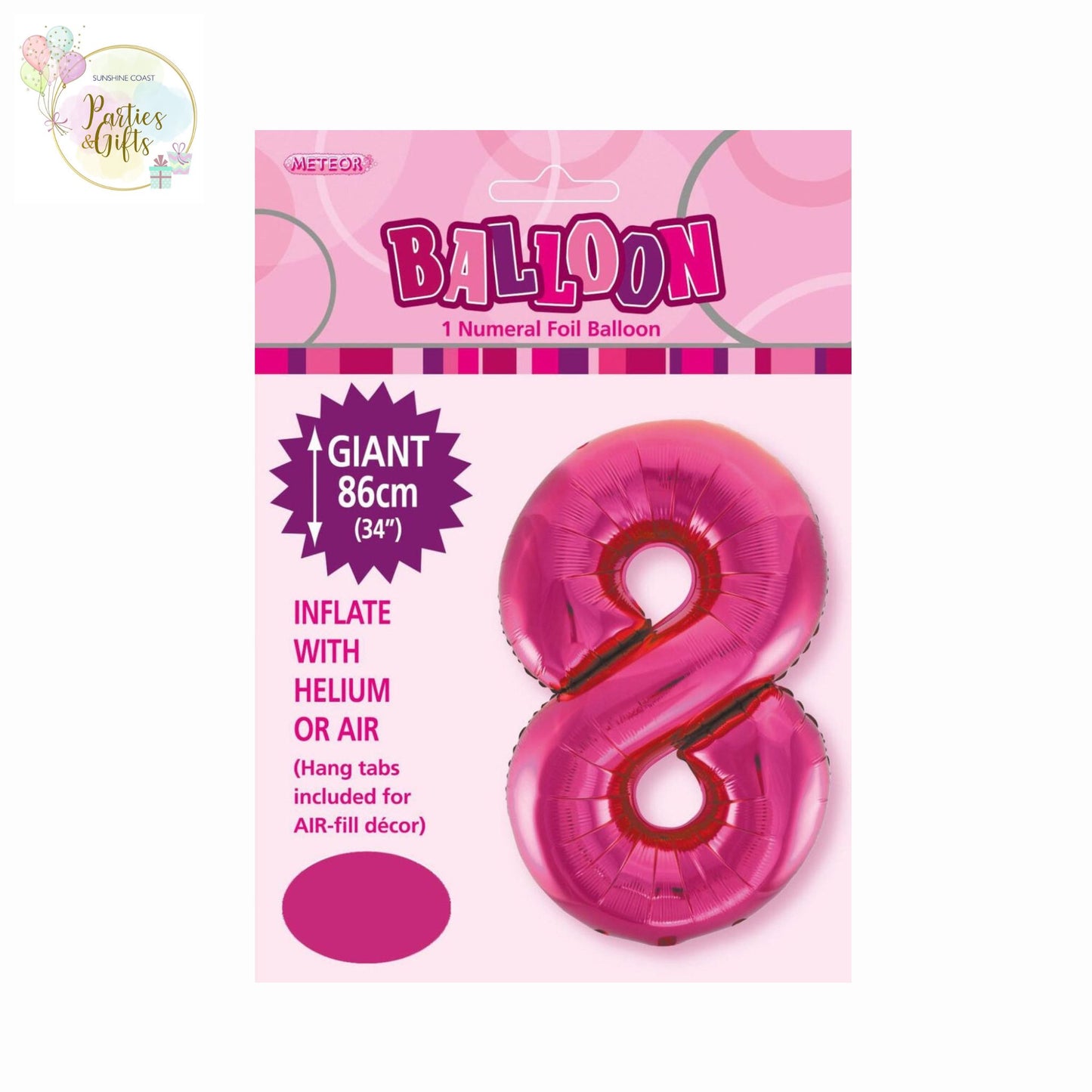 GIANT FOIL BALLOON - HOT PINK NUMBER 8 - 86CM