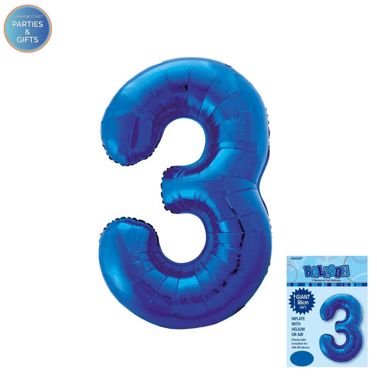 GIANT FOIL BALLOON - ROYAL BLUE NUMBER 3 - 86CM