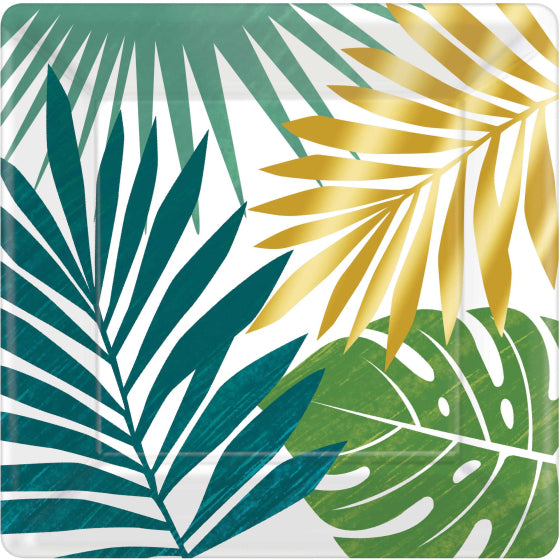 KEY WEST METALLIC PALM LEAVES SQUARE PAPER PLATES 17.8CM - PACK OF 8