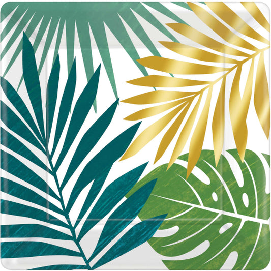 KEY WEST METALLIC PALM LEAVES SQUARE PAPER PLATES 17.8CM - PACK OF 8