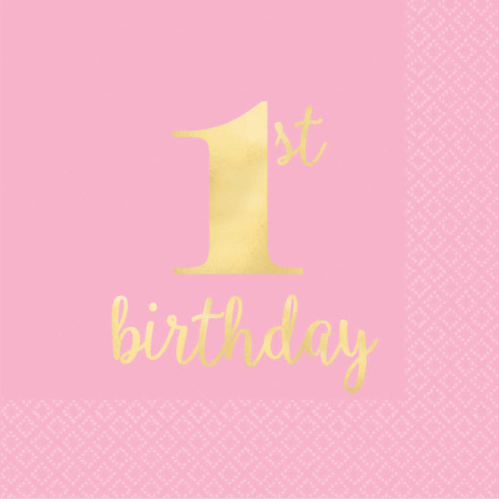 1ST BIRTHDAY PINK BEVERAGE NAPKINS - PACK OF 16