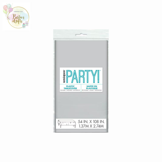 SILVER PLASTIC RECTANGLE TABLECOVER - 137CM X 274CM