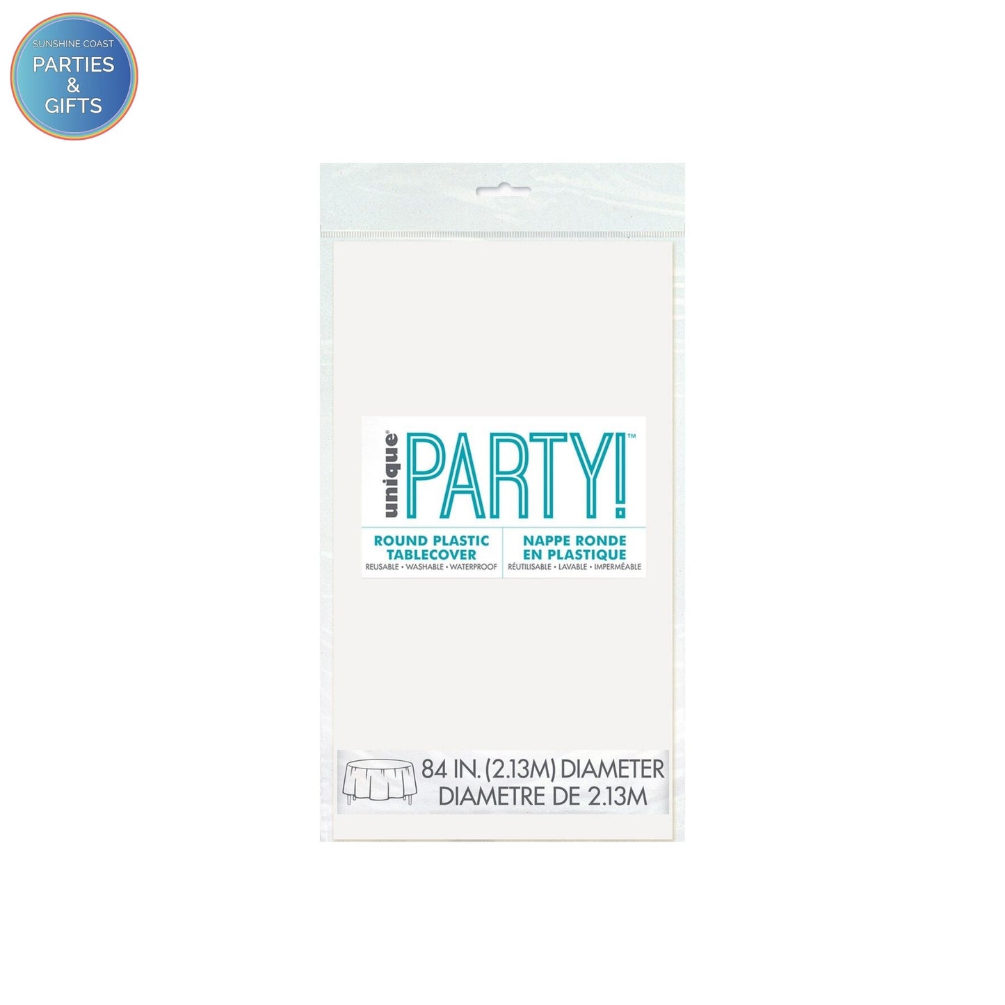 BRIGHT WHITE PLASTIC ROUND TABLECOVER - 213CM