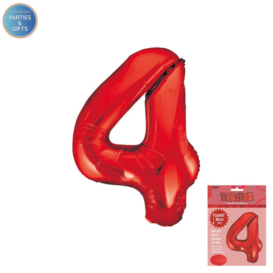GIANT FOIL BALLOON - RED NUMBER 4 - 86CM