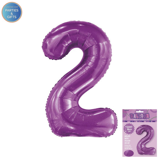 GIANT FOIL BALLOON - PURPLE NUMBER 2 - 86CM