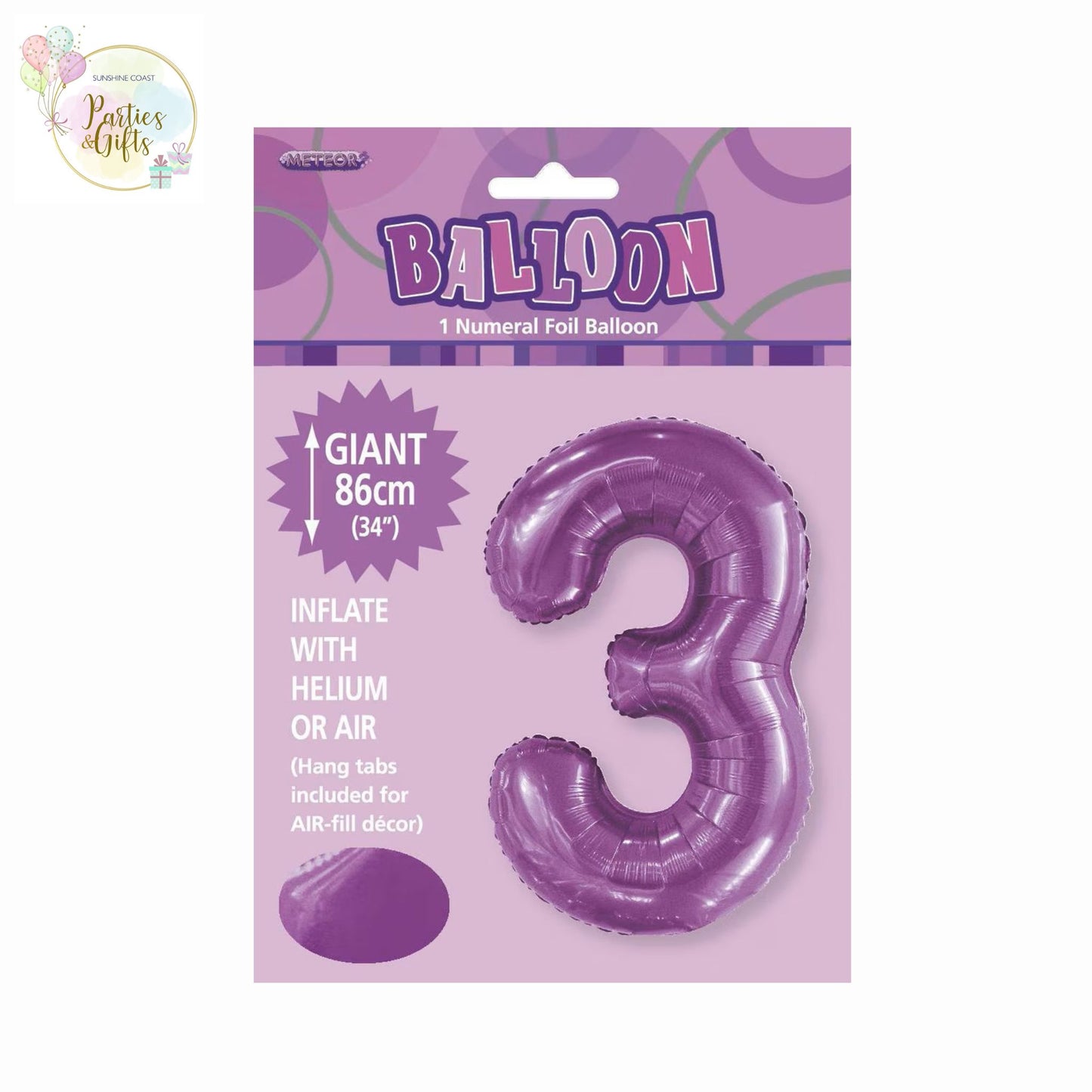 GIANT FOIL BALLOON - PURPLE NUMBER 3 - 86CM