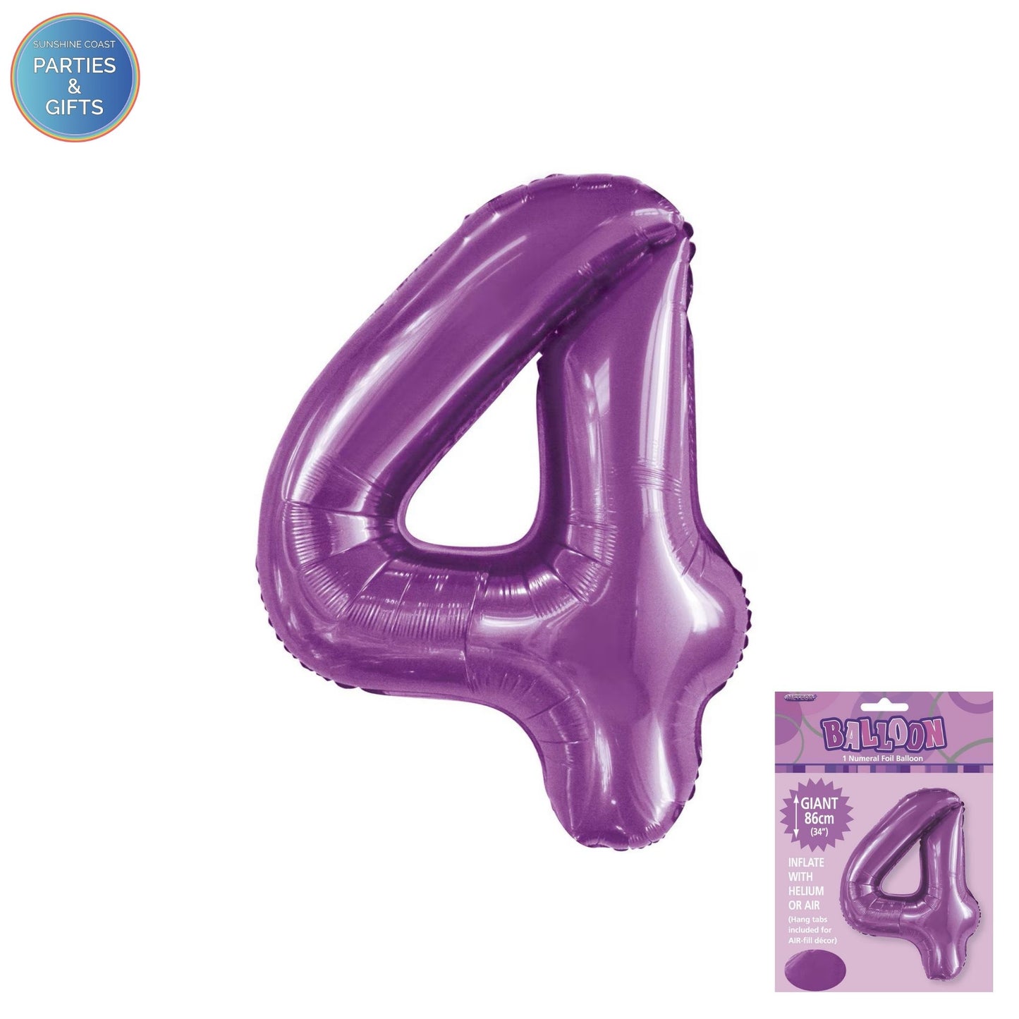 GIANT FOIL BALLOON - PURPLE NUMBER 4 - 86CM