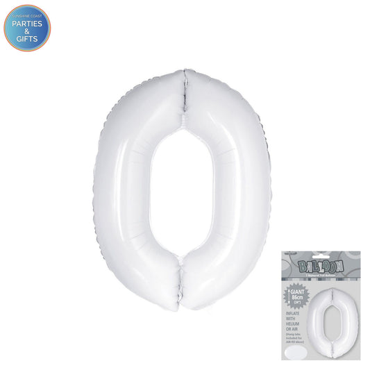 GIANT FOIL BALLOON - WHITE NUMBER 0 - 86CM
