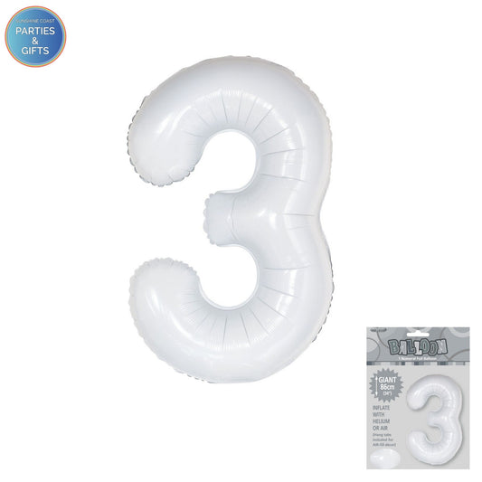 GIANT FOIL BALLOON - WHITE NUMBER 3 - 86CM