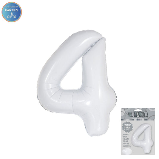 GIANT FOIL BALLOON - WHITE NUMBER 4 - 86CM
