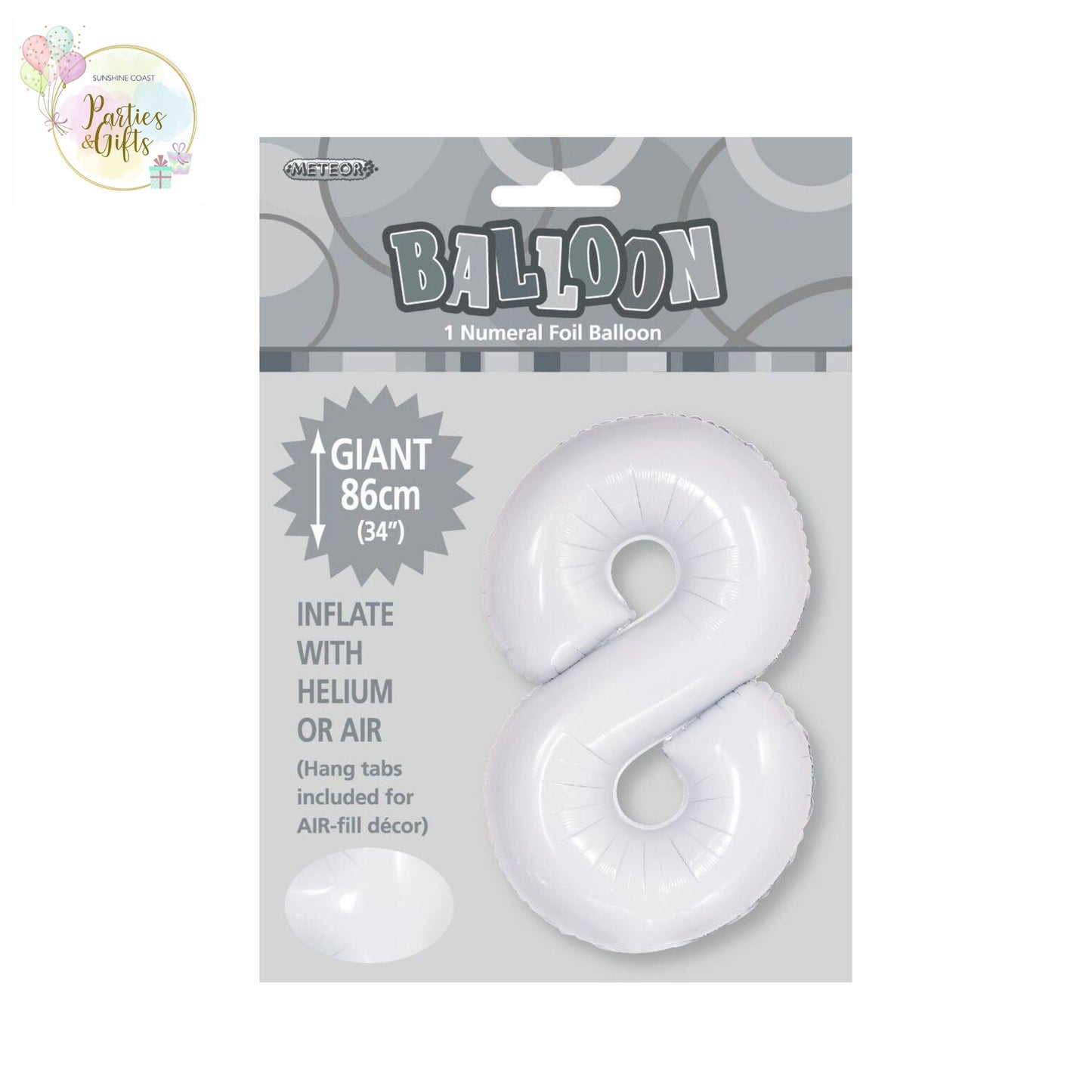 GIANT FOIL BALLOON - WHITE NUMBER 8 - 86CM