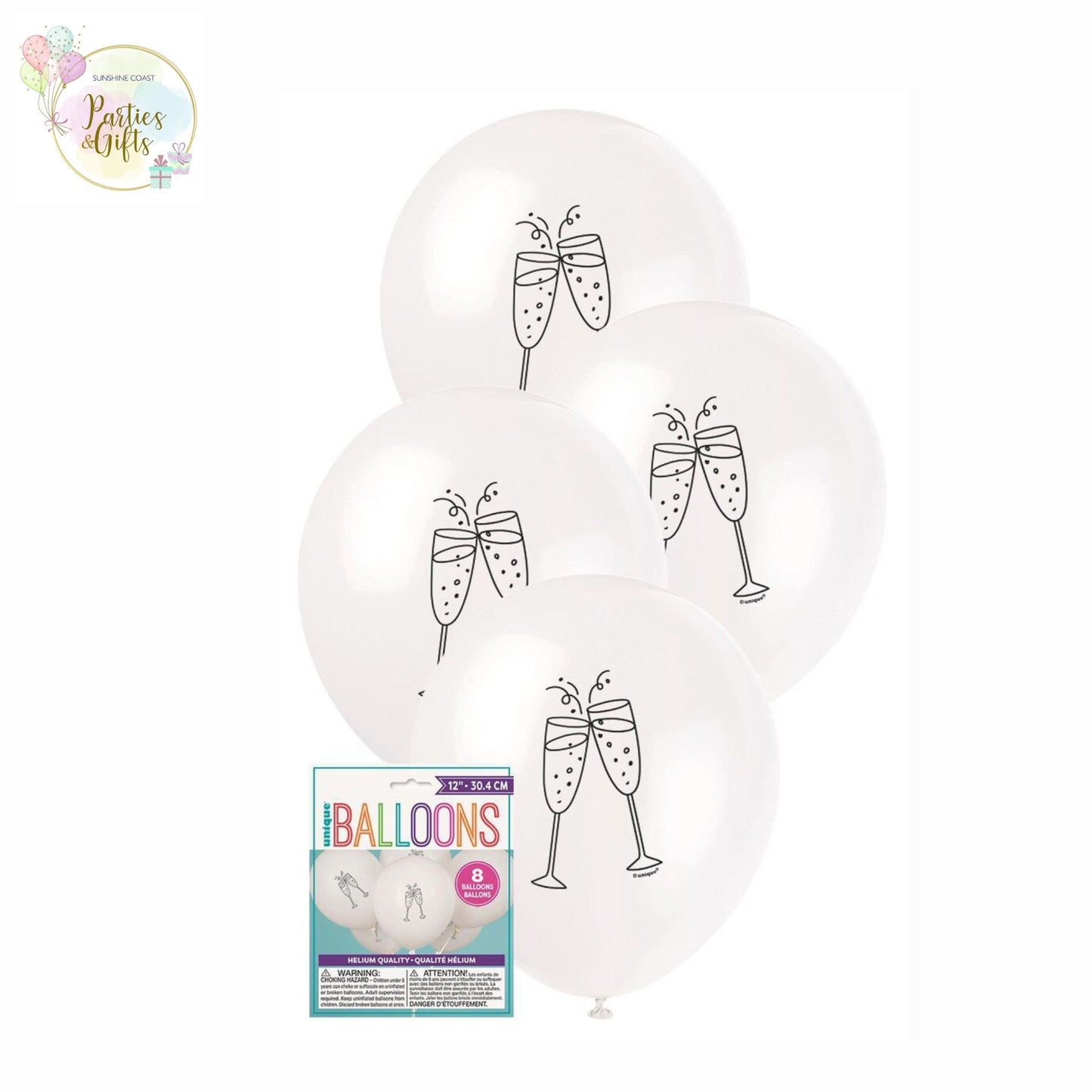 CHAMPAGNE GLASSES LATEX BALLOONS - 30CM - PACK OF 8