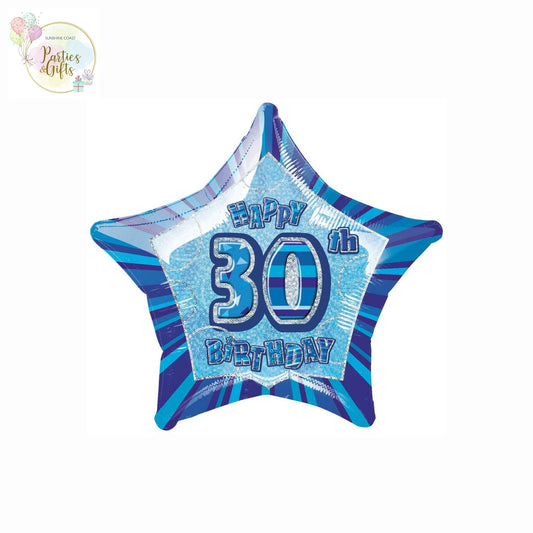 GLITZ BLUE 30TH BIRTHDAY STAR FOIL BALLOON - 50.8CM