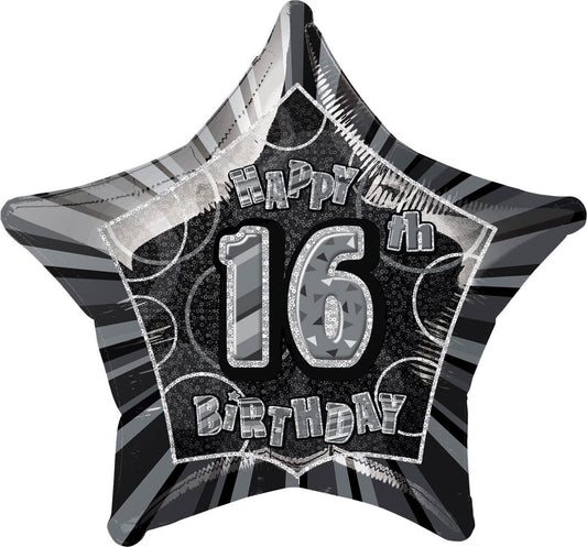 GLITZ BLACK AND SILVER 16TH BIRTHDAY STAR FOIL BALLOON - 50.8CM