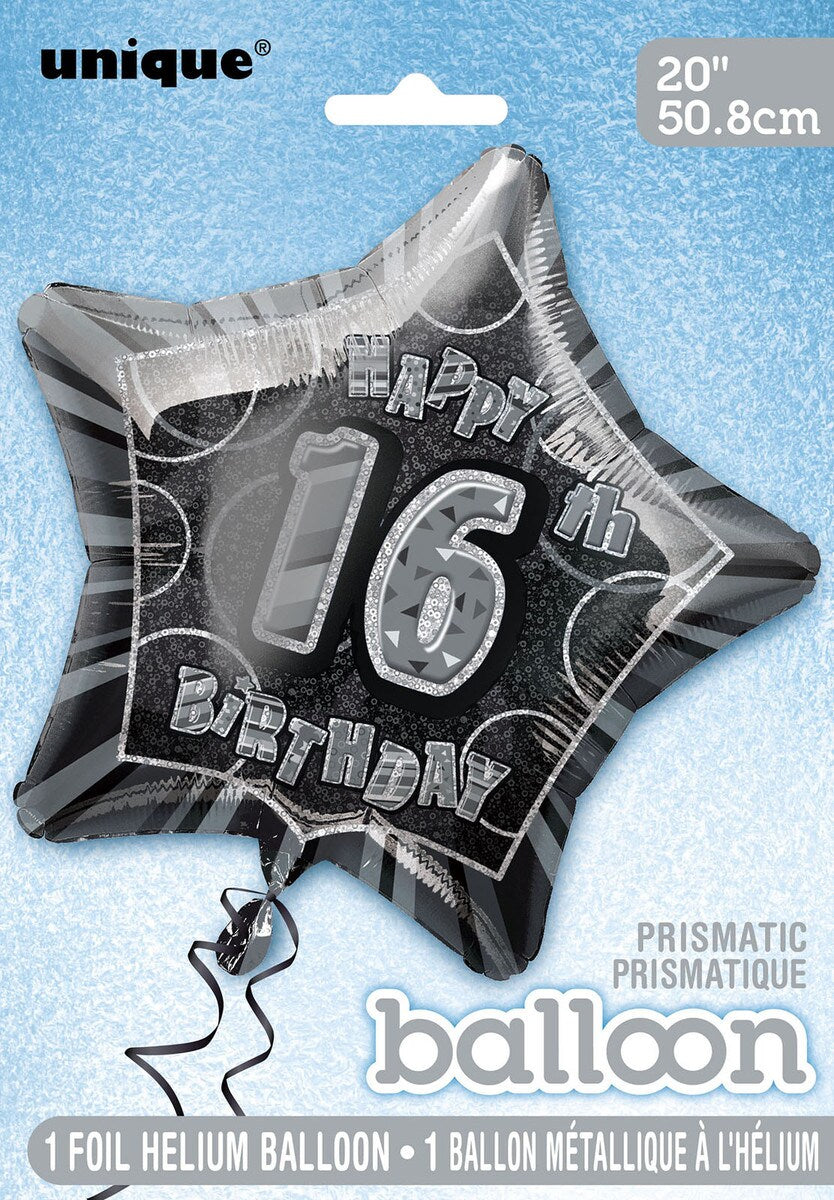 GLITZ BLACK AND SILVER 16TH BIRTHDAY STAR FOIL BALLOON - 50.8CM