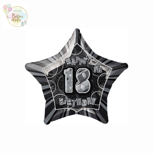 GLITZ BLACK AND SILVER 18TH BIRTHDAY STAR FOIL BALLOON - 50.8CM